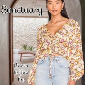 NWT SANCTUARY Drawn To You Long-Puff-Sleeve Ruched Bust Tie Front Floral Top/LG